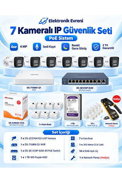 Hikvision 7 Kameralı 4 MP IP Güvenlik Kamera Seti | Sesli Kayıt, Renkli Gece Görüş, 8 Kanal NVR, PoE Switch, 1 TB HDD