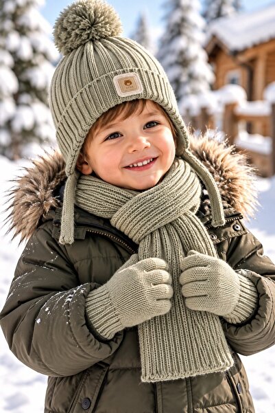 minik'o kids Ki̇tti̇ 26160-12 Boy's 1-4 Years Scarf, Beanie, Gloves Set