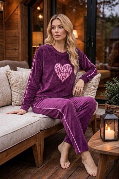 ELİTOL Velvet Plum Heart Embroidered Interlaced Long Sleeve Crew Neck Women's...