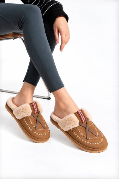 ModaMert Women's Tan Suede Lace-Up Detailed Furry Comfortable and Useful House Slippers