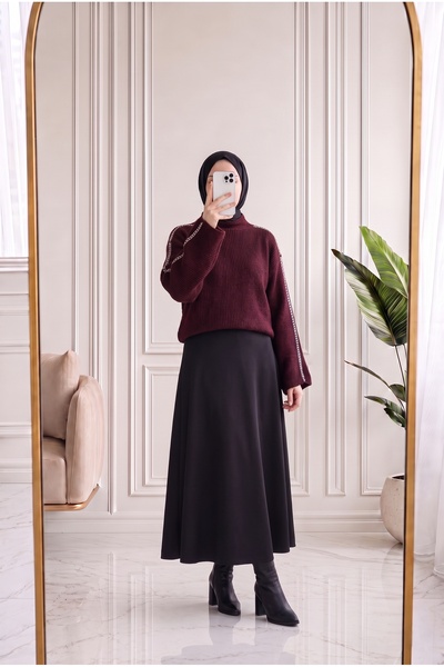 MİHRA STORE Isolde Rollkragenpullover mit Nahtdetails-Zİ5289 Burgunderrot