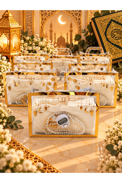 LenaToptan 10 Pieces of Cream Gilded Tasbih and Plain Zikirmatik Set in a Fla...