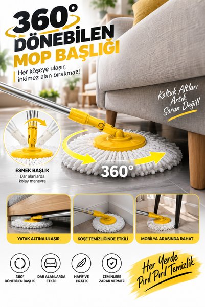 grimorlife Premium Pedallı Paspas Mop Seti – 360° Dönebilen Başlık, Güçlü Sıkma Mekanizması ve Mikrofiber Paspas ile Pratik Temizlik