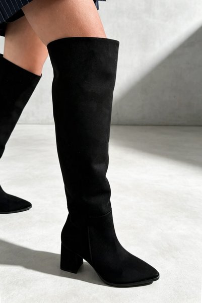 Shoebutik Siena Black Suede Women's Knee-High Heeled Boots