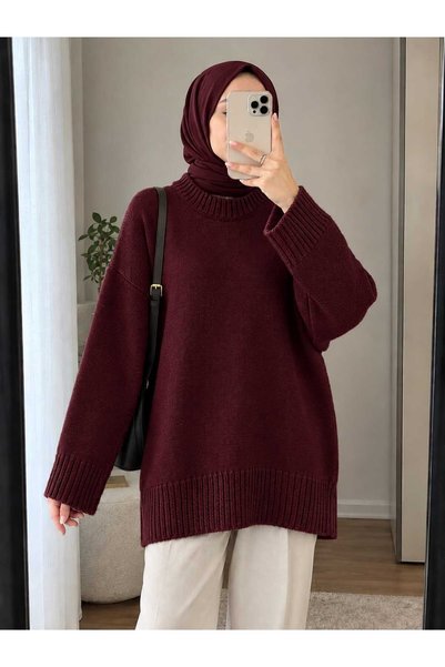 Giyim Gezegeni Kadın Triko Bordo Kazak Oversize Tunik Bisiklet Yaka Kalın Fit...