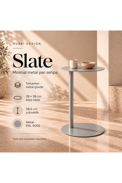Slate Metal C Sehpa Modern Tasarım Elips Tablalı Minimalist Koltuk Yanı Sehpa