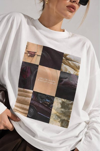 Hira Online White Mellow Printed Long Sleeve T-Shirt Suitable for Hijab