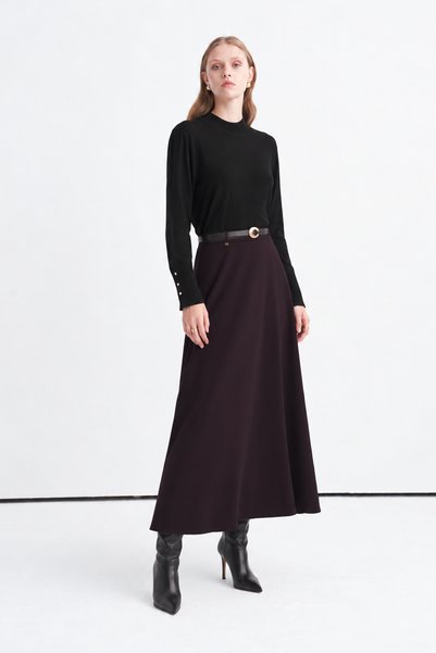 Zühre Buckle Belted Flared Plum Skirt 0233