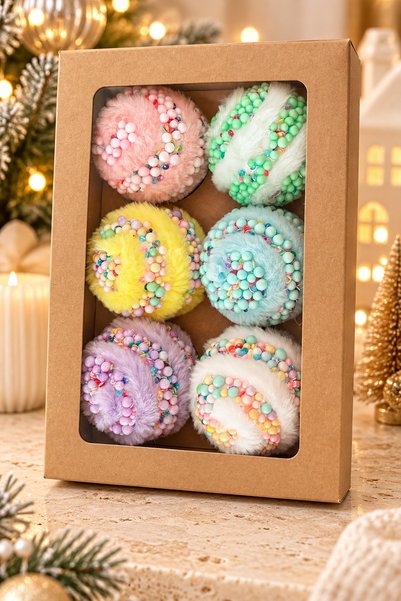 Lüks 6'lı Yılbaşı Ağacı Süsü 8 cm Pastel Renkli Tüylü ve Boncuklu Top Seti - Kutulu