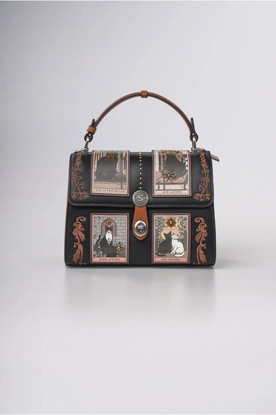 ÇÇS Women's Cat Figured Tarot Card Patterned Vintage Leather Look Metal Buckl...