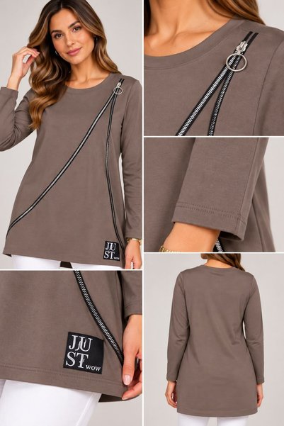 MAMAYAGA Women's Crew Neck Long Sleeve Sporty Stylish Zipper Detailed Design Sweatshirt Blouse