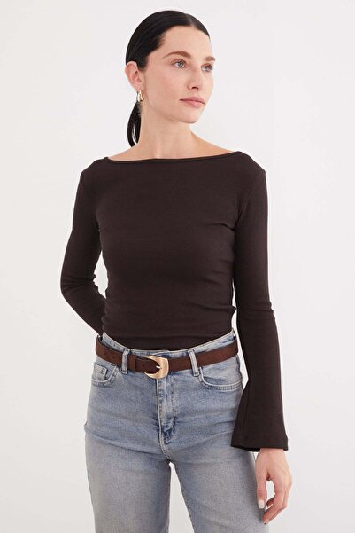 Fulla Moda Μπλούζα με κορδόνια, λαιμόκοψη καγιάκ, μανίκια flare και στενή εφα...