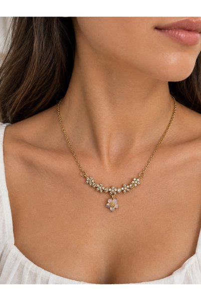 stainless steell Tuelataki/Gold Color Flower Figured Zircon Stone Women's Nec...