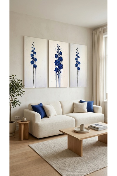 Lui Tasarım 3'lü Mavi Çiçek Desenli MDF Tablo Seti 40x80 cm Büyük Boy Çerçeve...