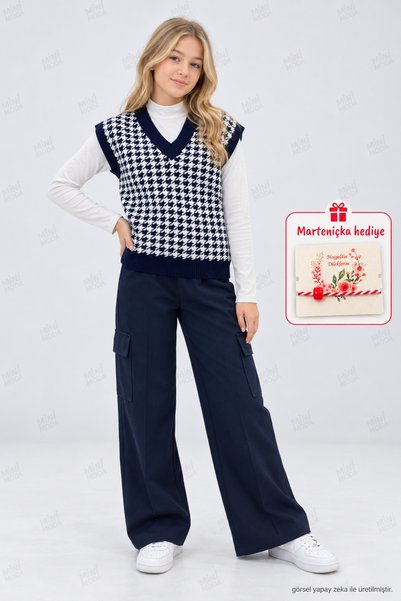 Minimoda Kids Момичешки плетен пуловер с V-образно деколте, тъмносин, с десен...
