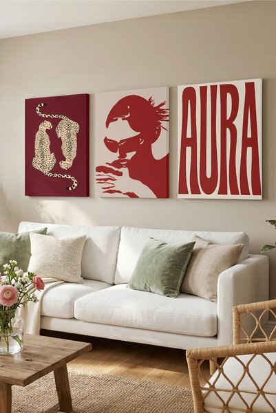 shishka 3'lü Modern Kanvas Tablo Seti -"Aura" Sloganlı ve Leopar Desenli Duva...
