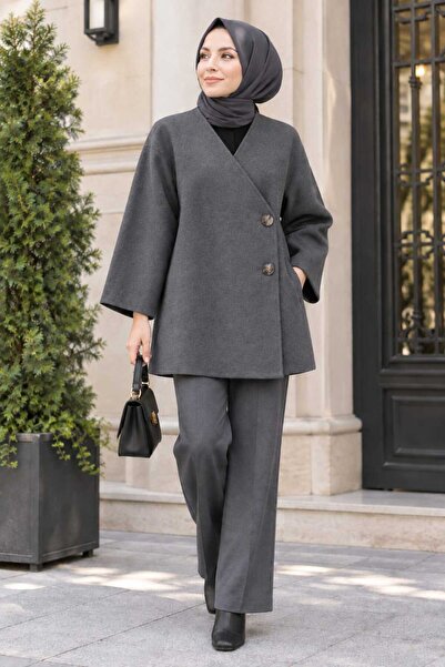 Giyim Gezegeni Women's Hijab Gray Cashmere Poncho Jacket Buttoned Oversize Wi...