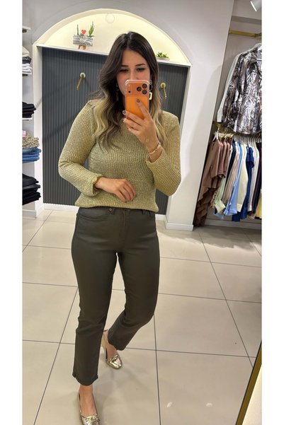HandeButik Kadın Mumlu / Deri Efektli Yüksek Bel Dar Paça Pantolon