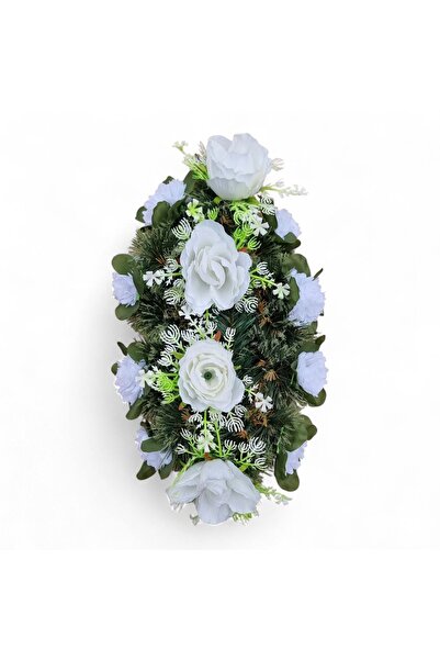 fara marca Coroană funerară artificială cu 4 trandafiri albi și 8 dalii albe.