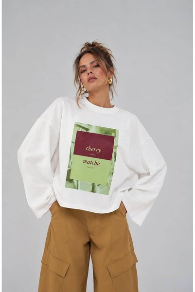 Hira Online White Cherry Matcha Printed Long Sleeve T-Shirt Suitable for Hijab