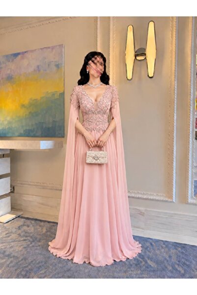 RASHA FASHION فستان سهرة نسائي لحمي فاخر بتصميم أنيق مع اكمام طويله غريب