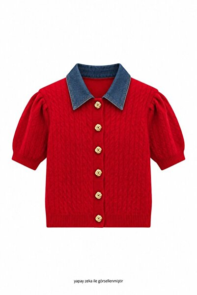 İNVİSUS Denim Collared Red Knitwear Cardigan