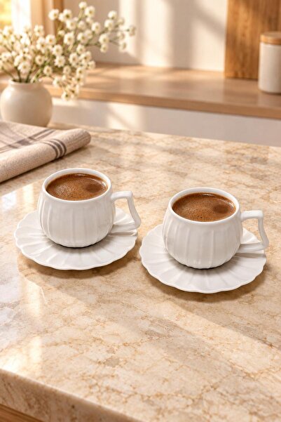 İLİVA 2 Person White Turkish Coffee Cup Set Porcelain 4 Pieces