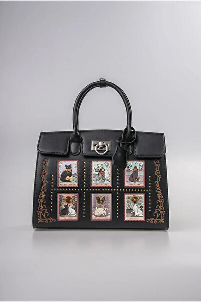 ÇÇS Women's Cat Figured Tarot Card Patterned Leather Look Metal Buckle Vintag...