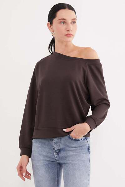 Fulla Moda Βασική μπλούζα με λαιμόκοψη καγιάκ και μανίκι νυχτερίδα, από ύφασμ...