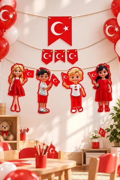 Patladı Gitti Milli Bayramlar Ay Yıldızlı Çocuk Figürlü DIY-CUT Özel Kesim Banner Seti