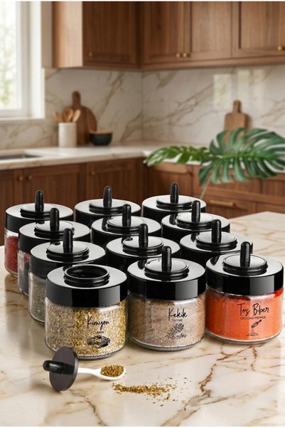 Cornella 12-Piece Glass Spice Jar Set with Spoon, Black Screen-Printed Label,...