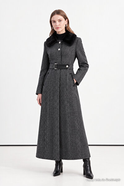 Zühre Anthracite Coat with Fur Collar and Buckle Belt 13425