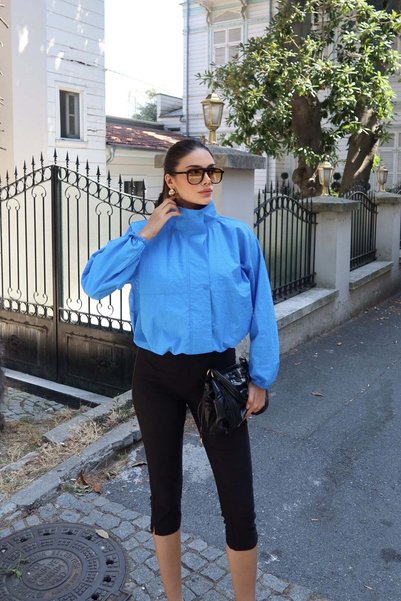 KECHİ WOMAN Parachute Fabric Zippered Snap Fastener Jacket Blue
