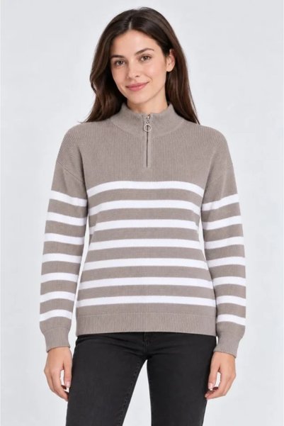 MODA ŞEHRİ High neck half zippered striped thessaloniki knitwear sweater - beige