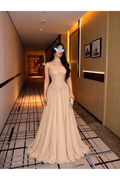 RASHA FASHION Champagne Off Shoulder Long Evening Dress with Luxurious Lace A...