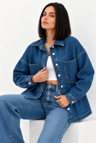 XRAY JEANS Women's Buttoned Casual Navy Blue Denim Jacket
