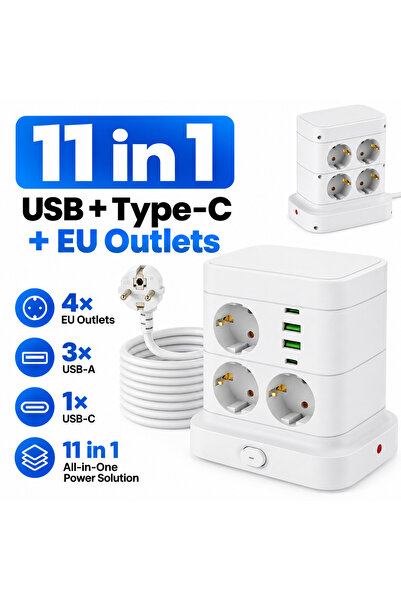 Staryon Prelungitor vertical Staryon, 2500W, 7 prize Schuko, USB-A și USB-C, ...