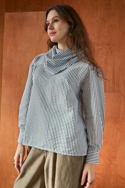 ZÜLAYS Shawl Collar Striped Shirt Khaki