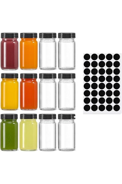 DURKU 12 Pack 2 oz Glass Shot Mini Bottles w/Black Lids&Black Stickers - Smal...