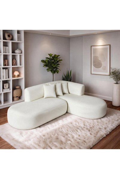 İNARCH DİZAYN Risha Oval Hatlı Modern L Köşe Koltuk Kırık Beyaz