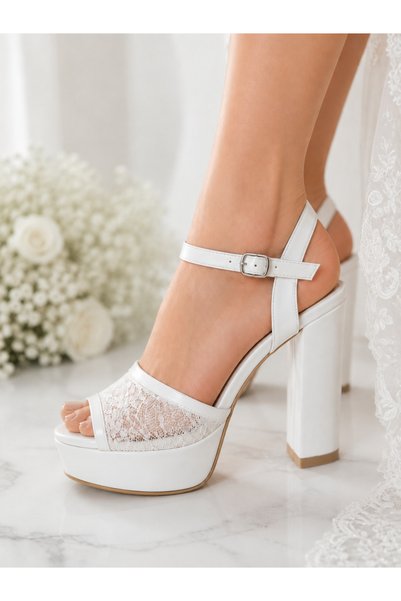 ALPELLİByAlp Women's White Lace Detailed Ankle Strap Platform Heeled Premium ...