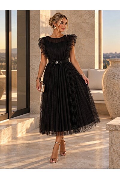Divin store Rochie elegantă neagra din tulle plisat cu volănașe