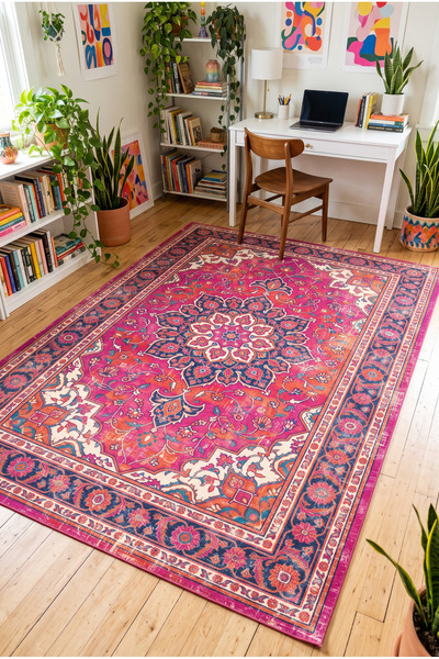 Renkli Canlı Eskitme Vintage Madalyonlu Pembe Turuncu Lacivert Halı Salon Yatak Odası