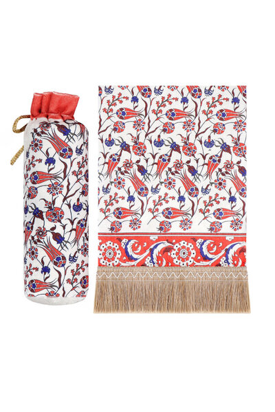 Bursa İpek Red Tile Pattern Velvet Prayer Rug with Pouch