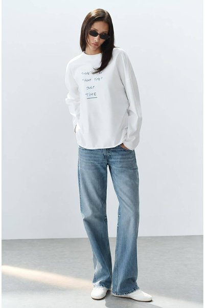 Hira Online White Just Time Written Long Sleeve Back Printed T-Shirt