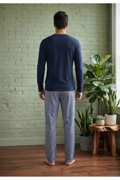 TOSKI Pijama pentru bărbați, Bluză mânecă lungă cu imprimeu „WHERE WE SEEK LOVE” și Pantalon lung în carou