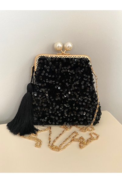 Arzu Demir 16X16 cm Sequined Sparkling Evening Dress Bag Gold Color Chain and Clip, Lightweight Bag