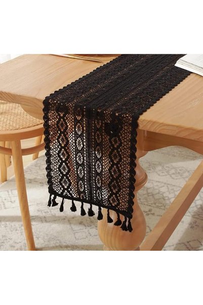GENERAL Crochet Tablecloth Bohemian Style, 24X160Cm, Vintage Black Macrame Ta...