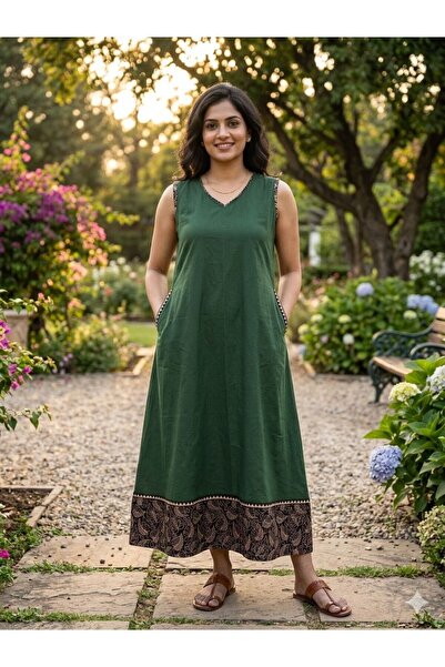 desichic Green Ajrakh Sleeveless Maxi Dress with Pockets