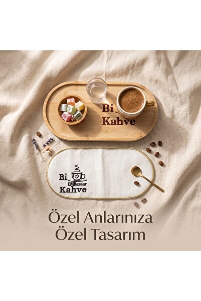 EMBazaar 3 Parça Özel Tasarım Bi Kahve Sunum Seti - Bambu Sunum Tabağı, Mini Bambu Lokumluk ve Nakışlı Peçete